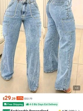 SHEIN Light Blue High-Rise Wide Leg Cargo Jeans with Stud Trim